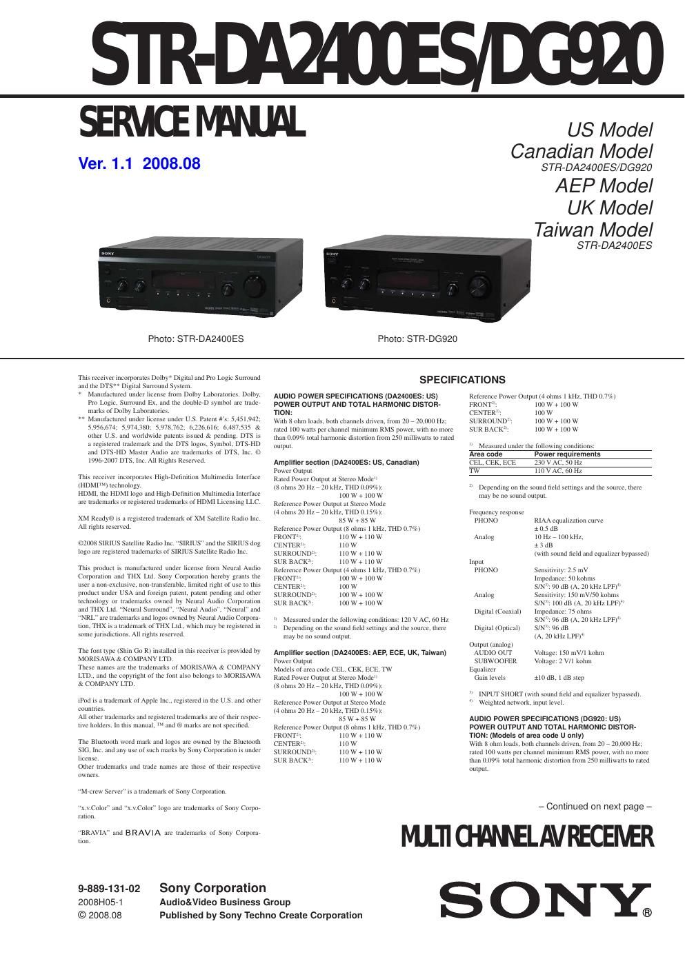 sony str dg 920 service manual