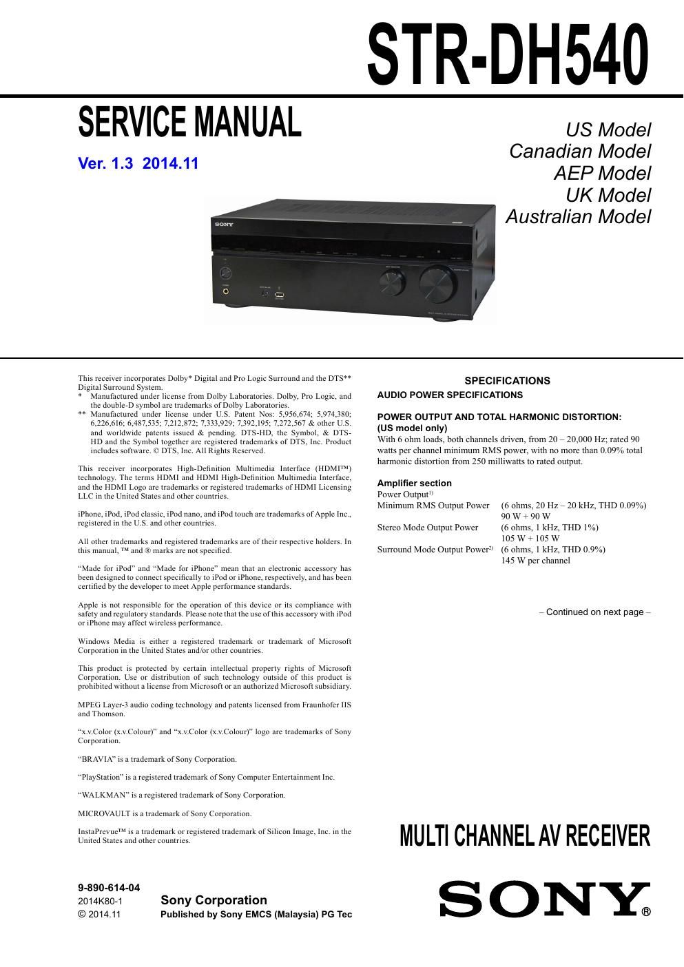 sony str dh 540 service manual