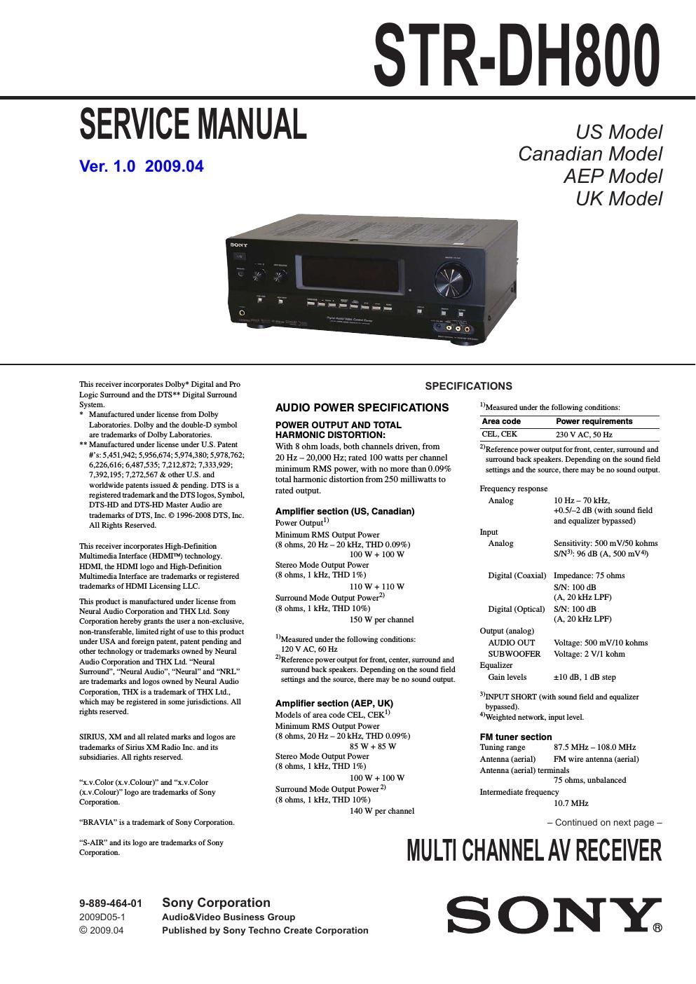 sony str dh 800 service manual