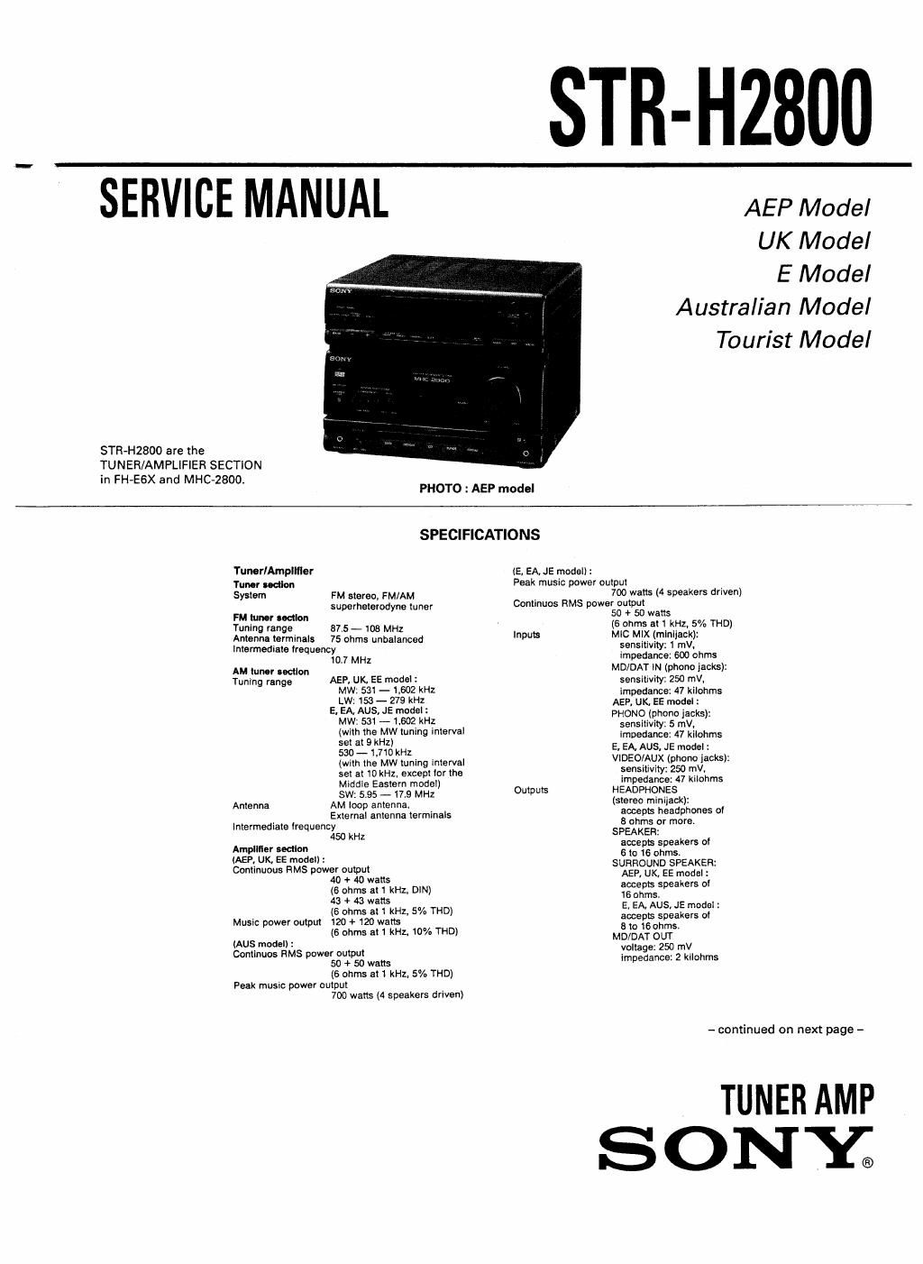 sony str h 2800 service manual