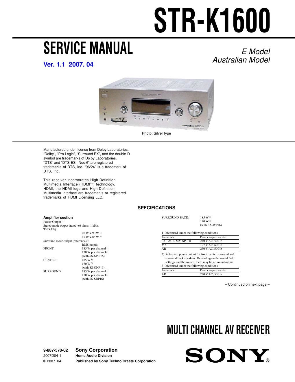 sony str k 1600 service manual