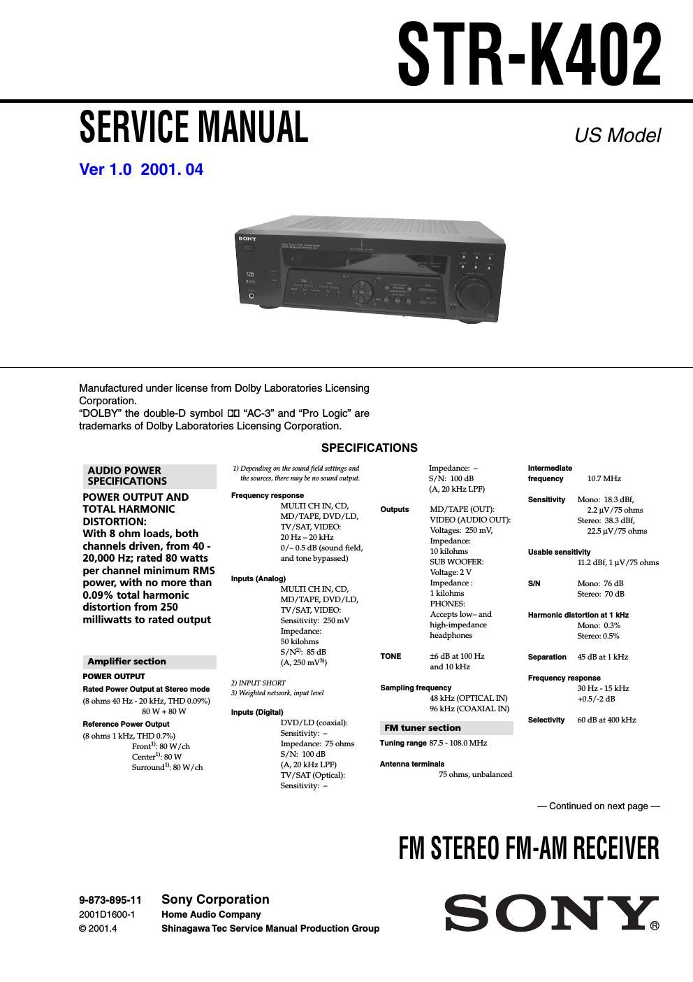 sony str k 402 service manual