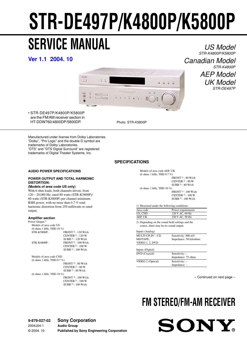 sony str k 4800 p service manual