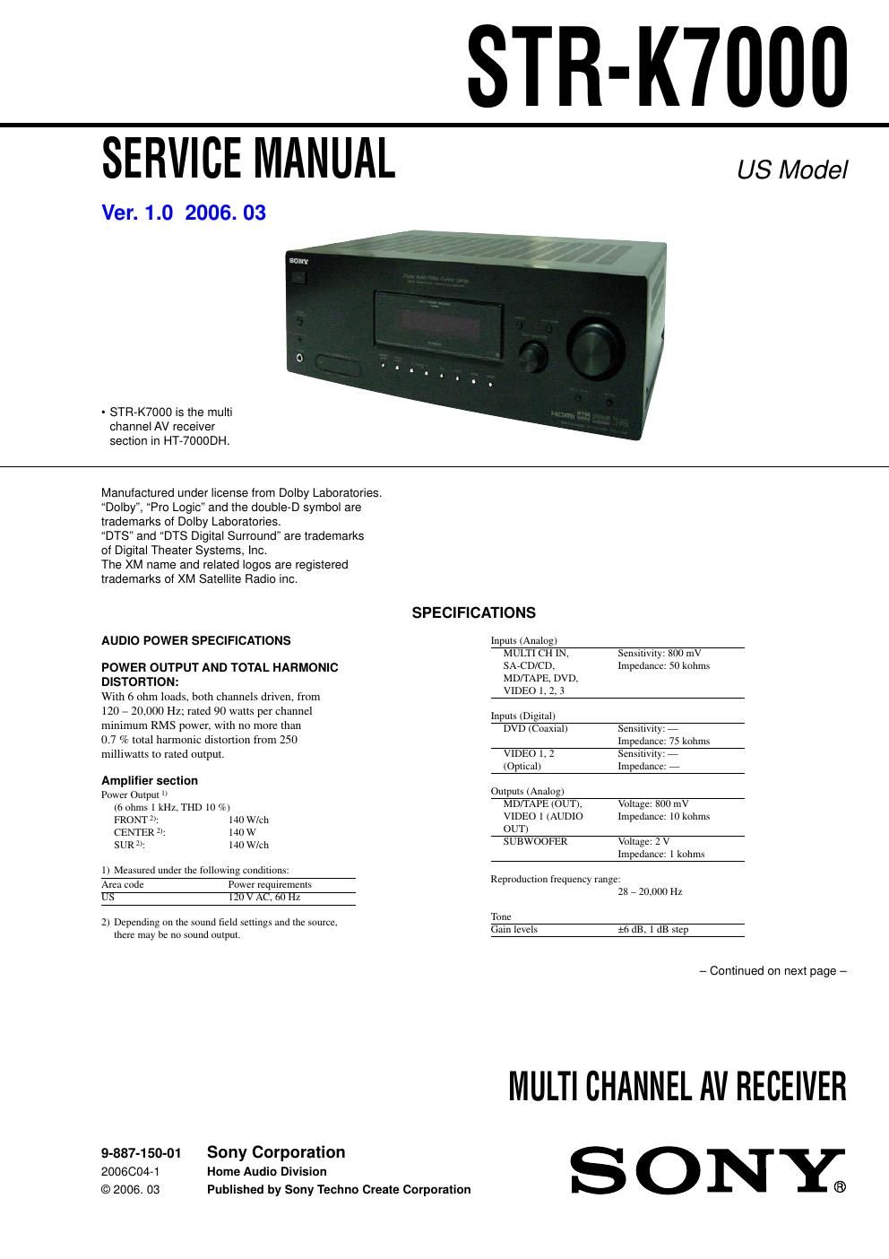 sony str k 7000 service manual