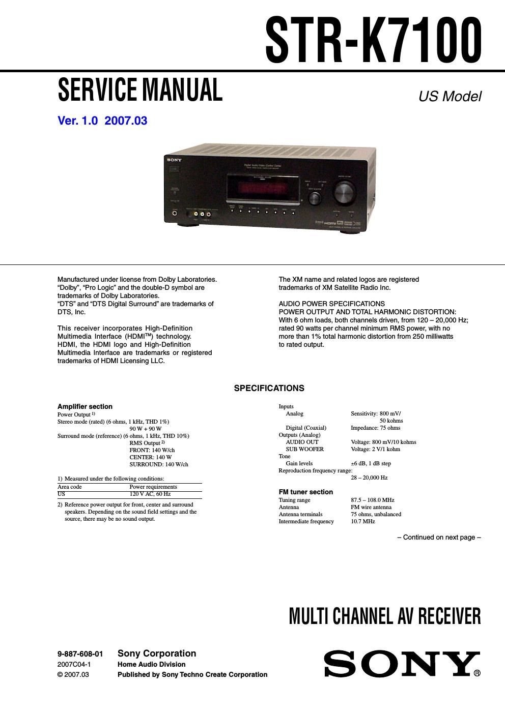 sony str k 7100 service manual