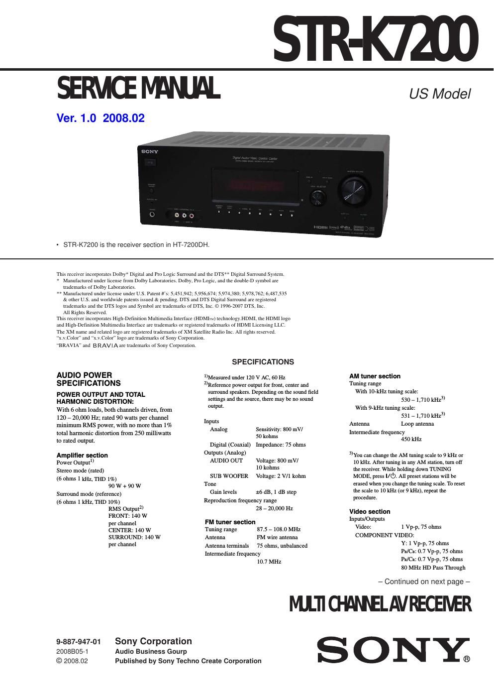 sony str k 7200 service manual