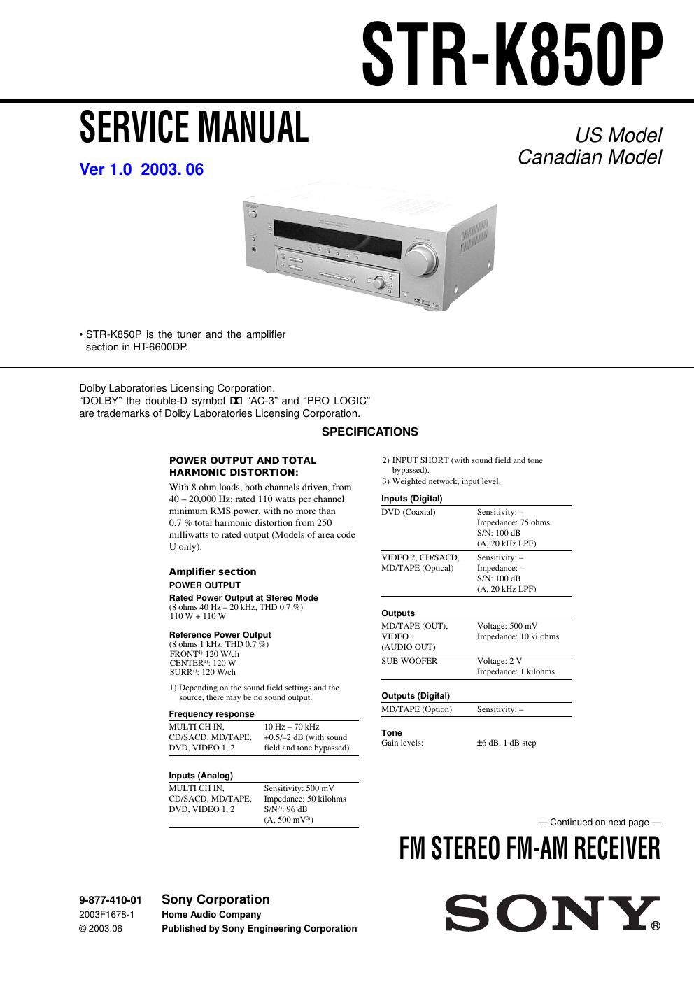 sony str k 850 p service manual