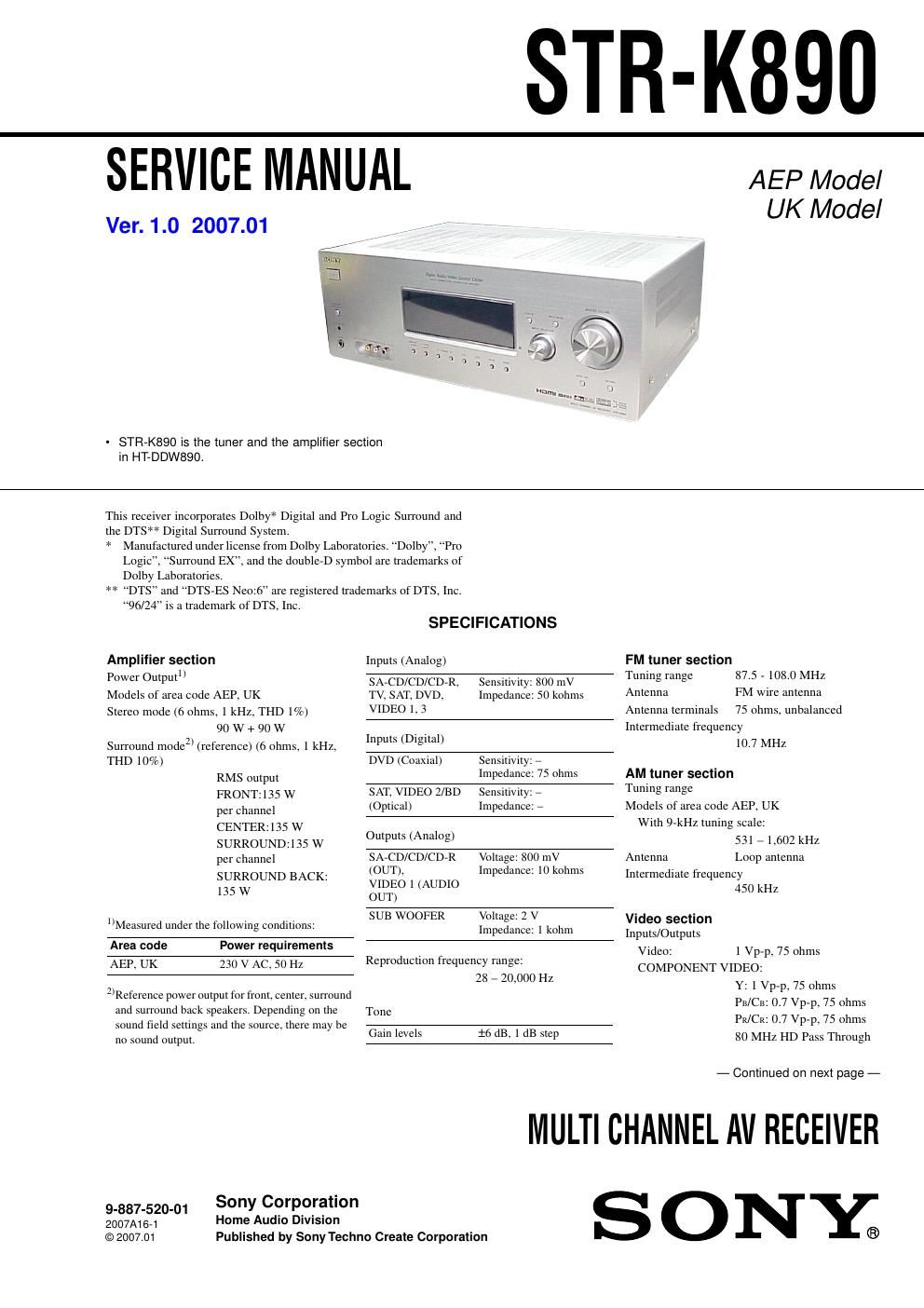 sony str k 890 service manual