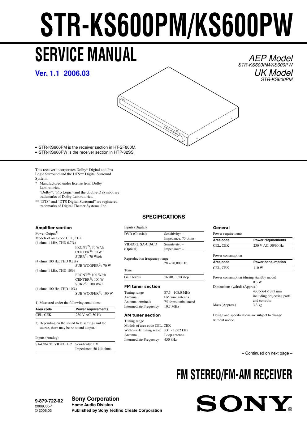 sony str ks 600 pm service manual