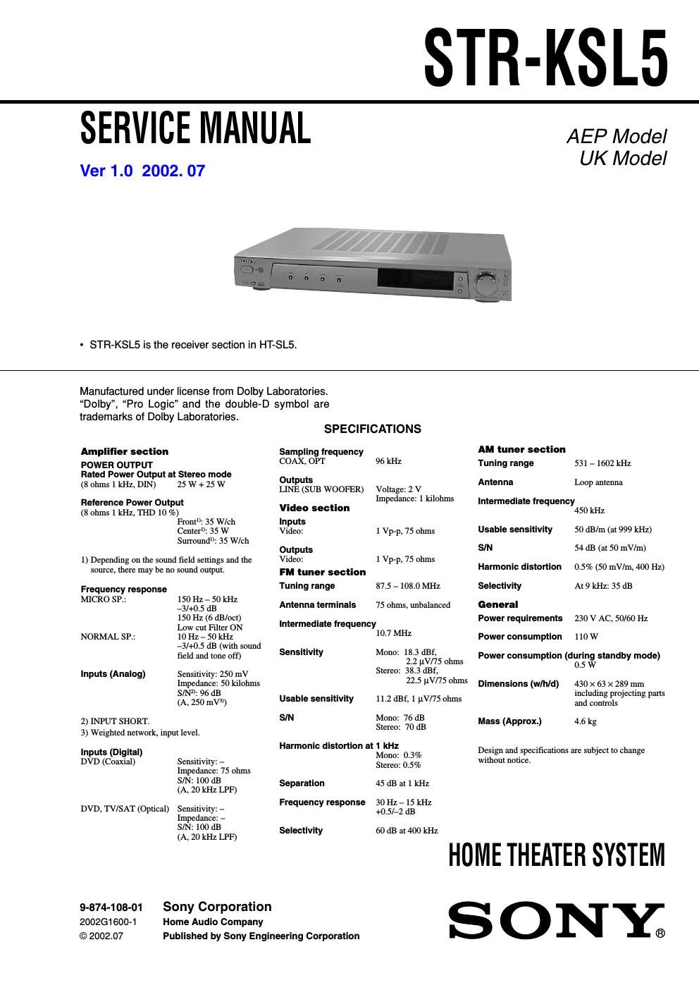 sony str ksl 5 service manual