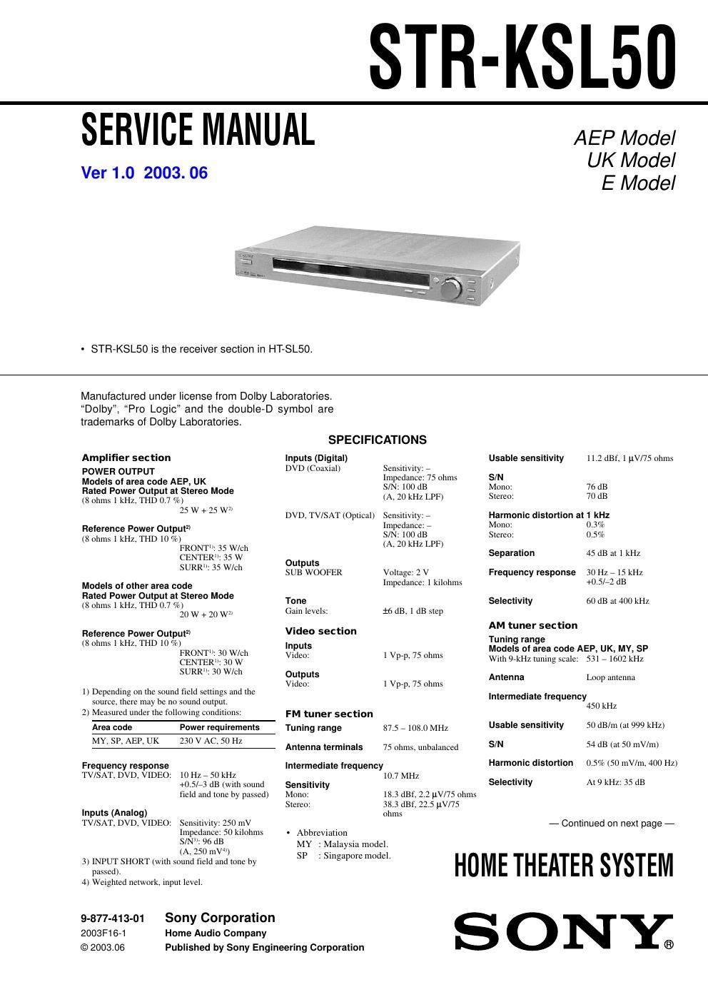 sony str ksl 50 service manual