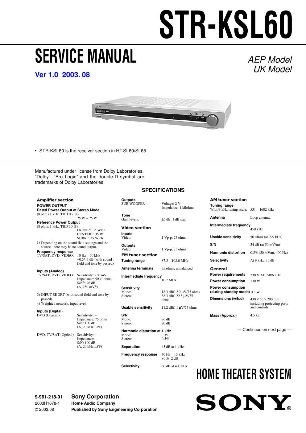 sony str ksl 60 service manual