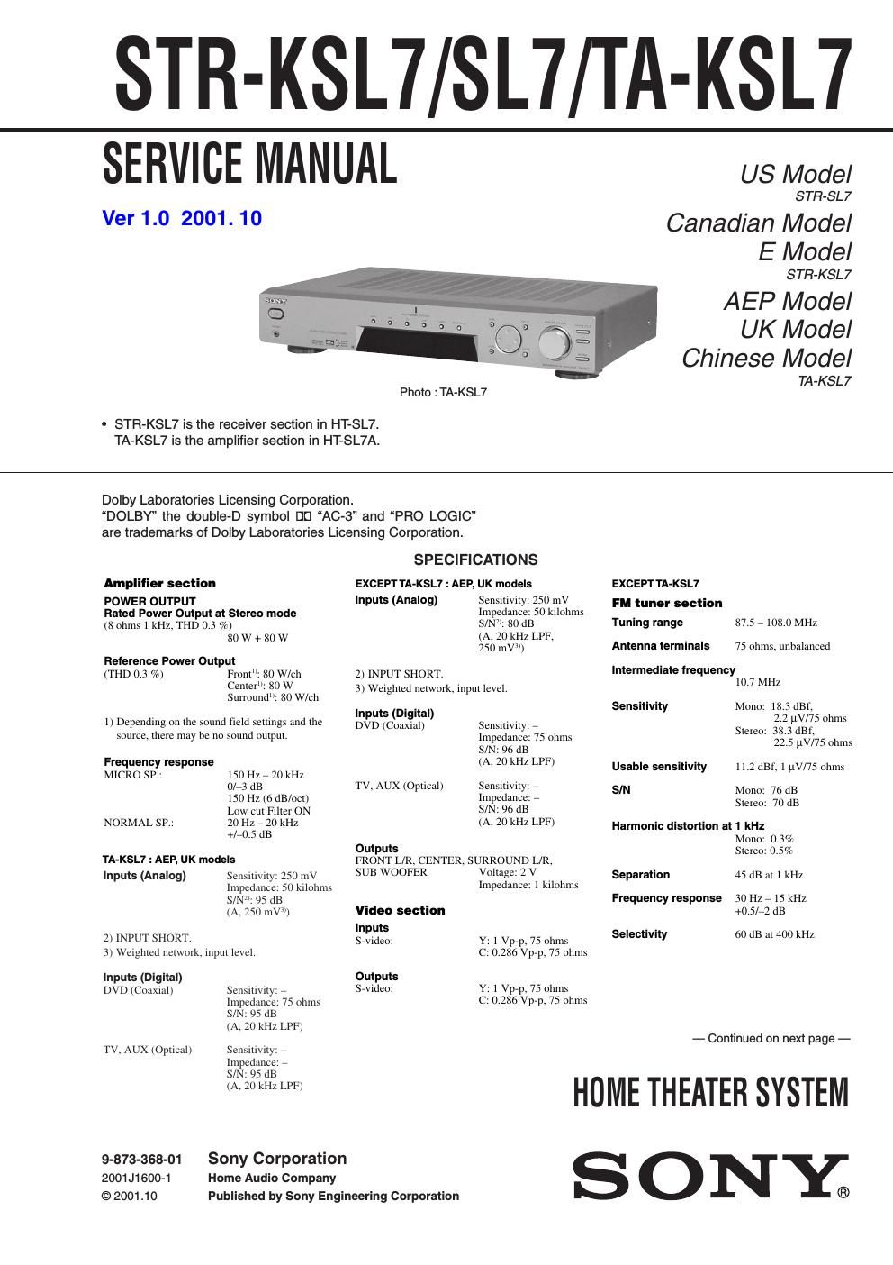 sony str ksl 7 service manual