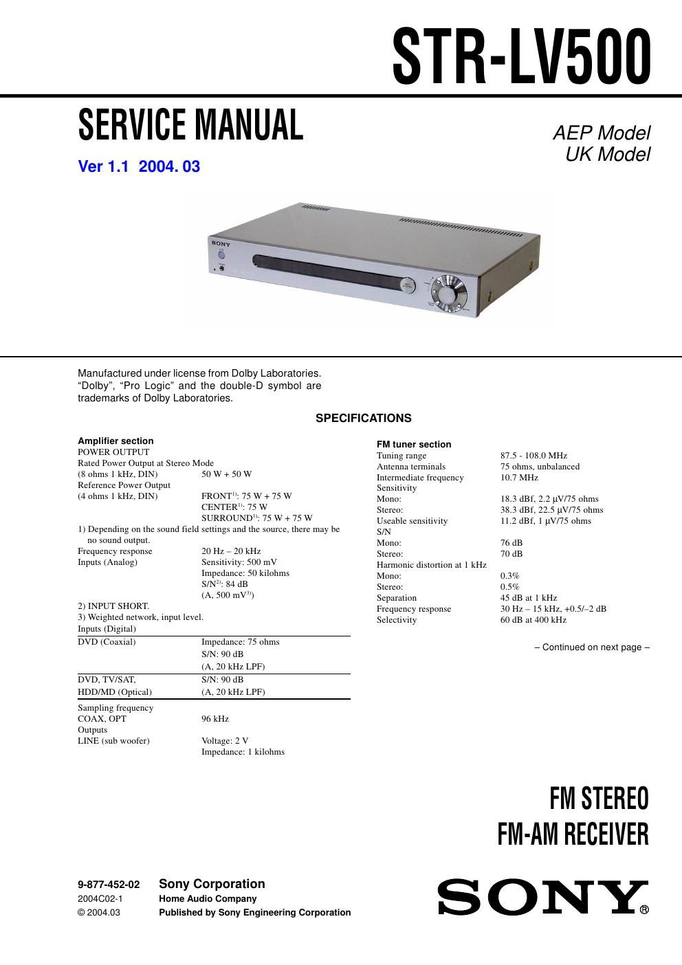 sony str lv 500 service manual