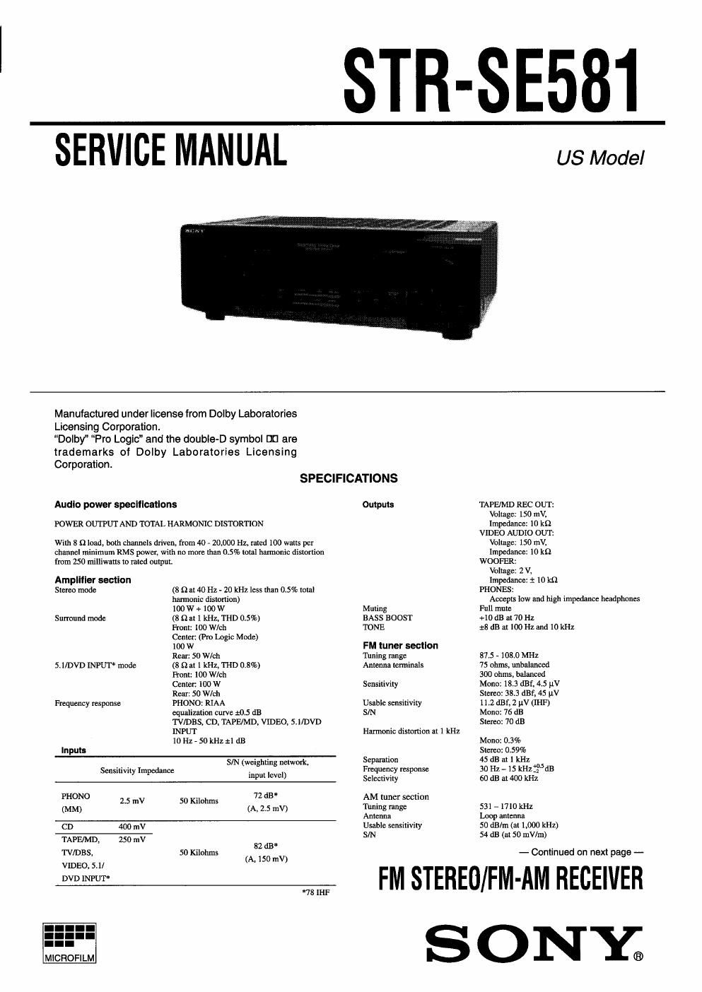 sony str se 581 service manual