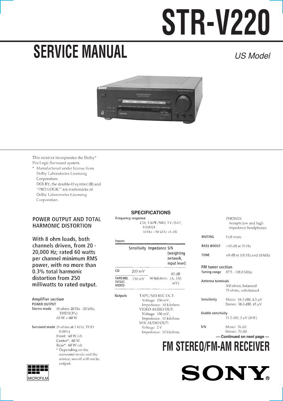 sony str v 220 service manual