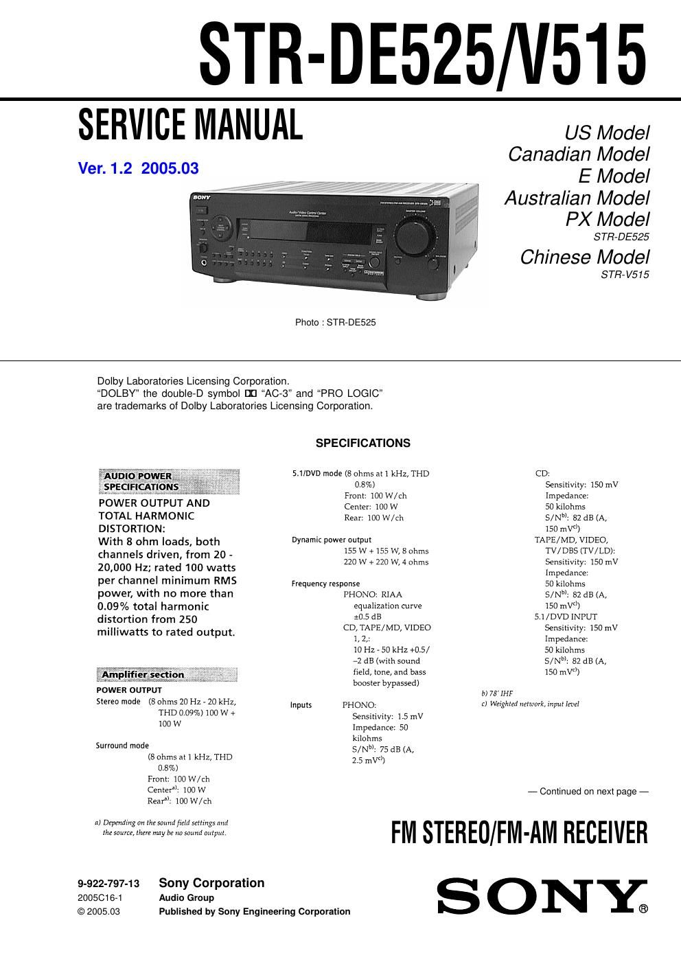sony str v 515 service manual