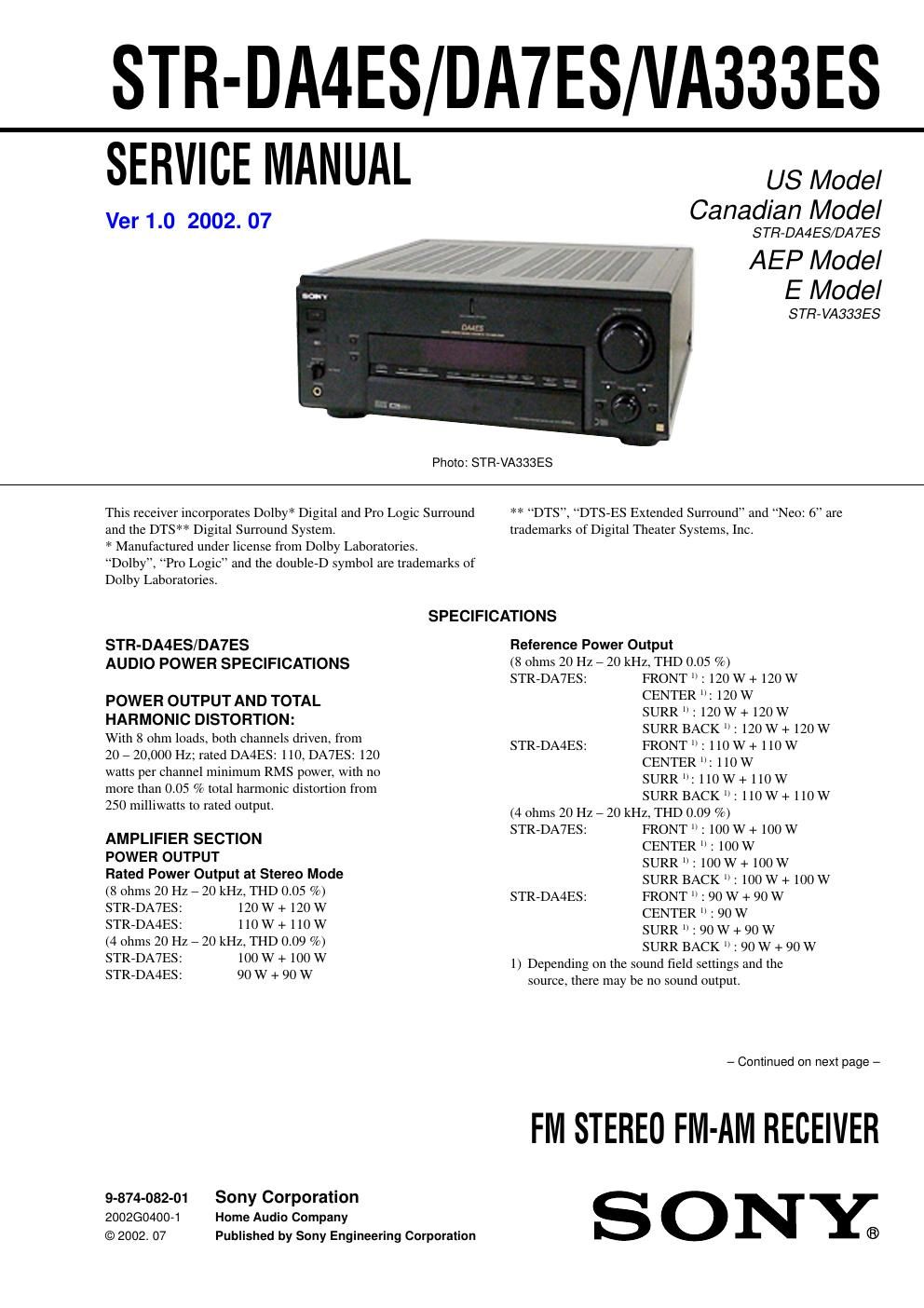 sony str va 333 es service manual