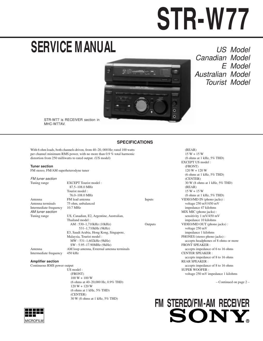 sony str w 77 service manual