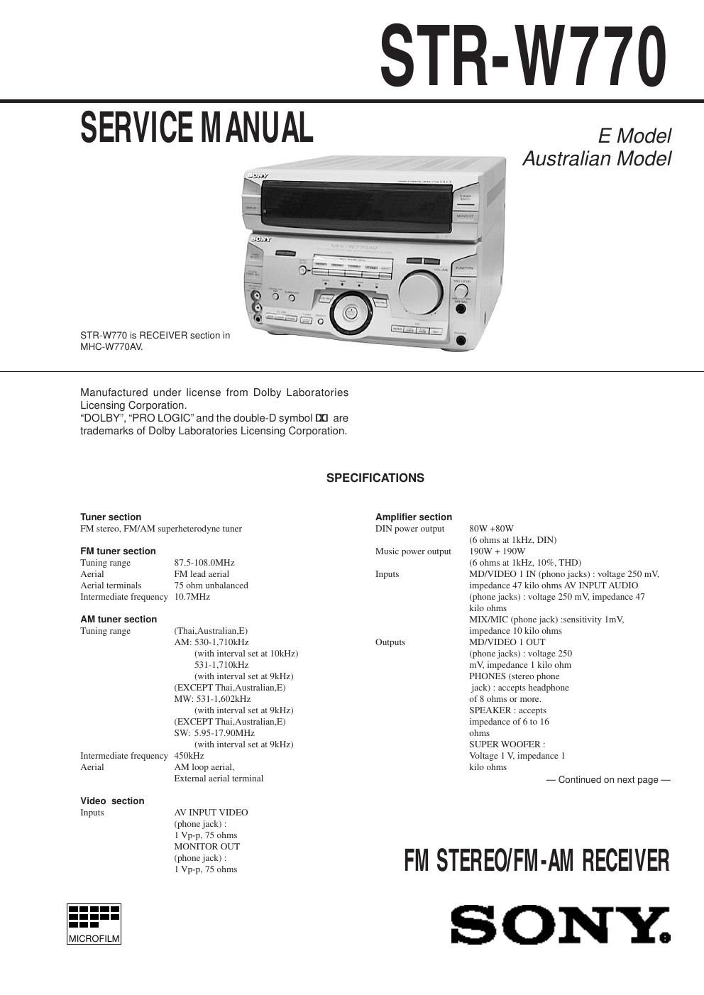 sony str w 770 service manual