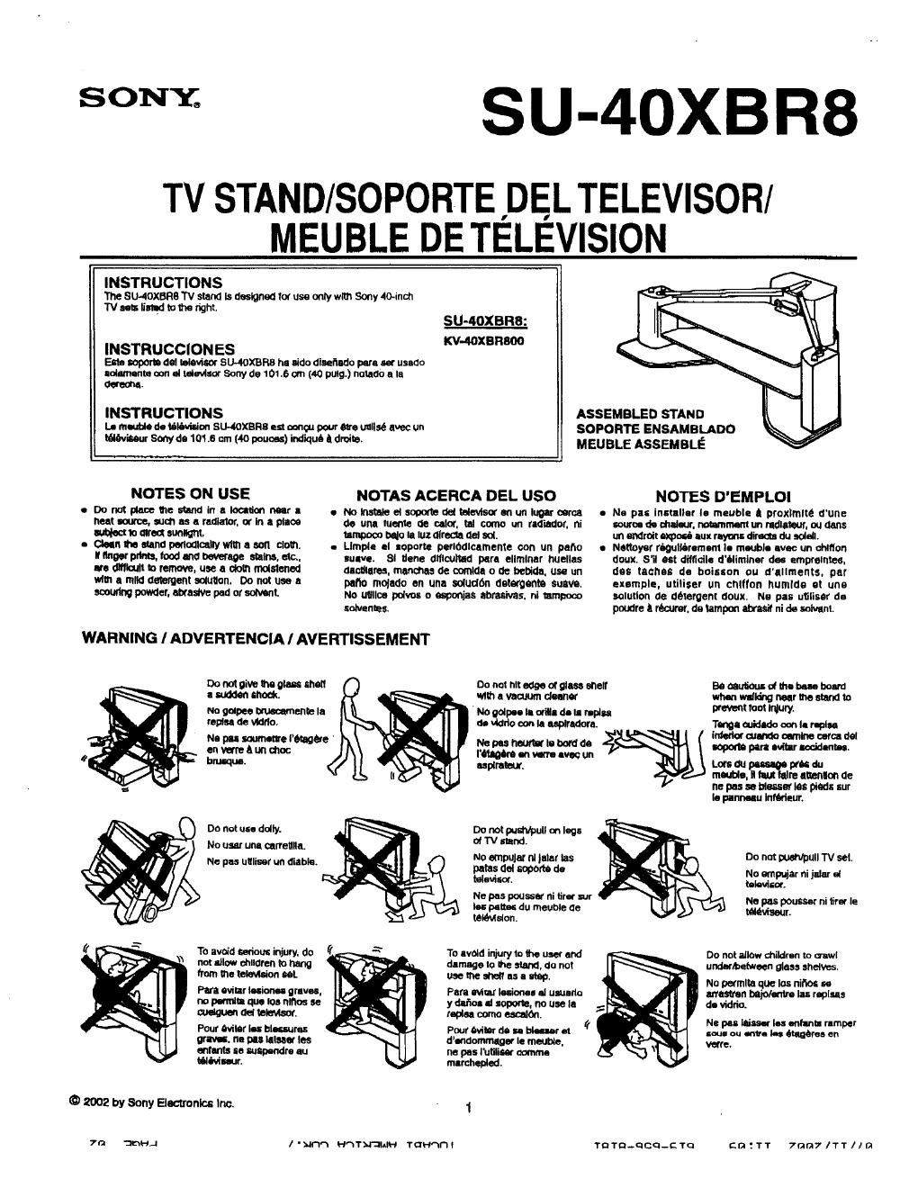 sony su 40 xbr8 owners manual