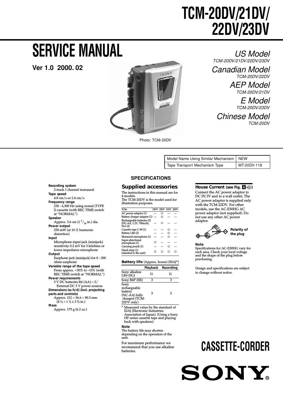 sony tcm 20 dv service manual