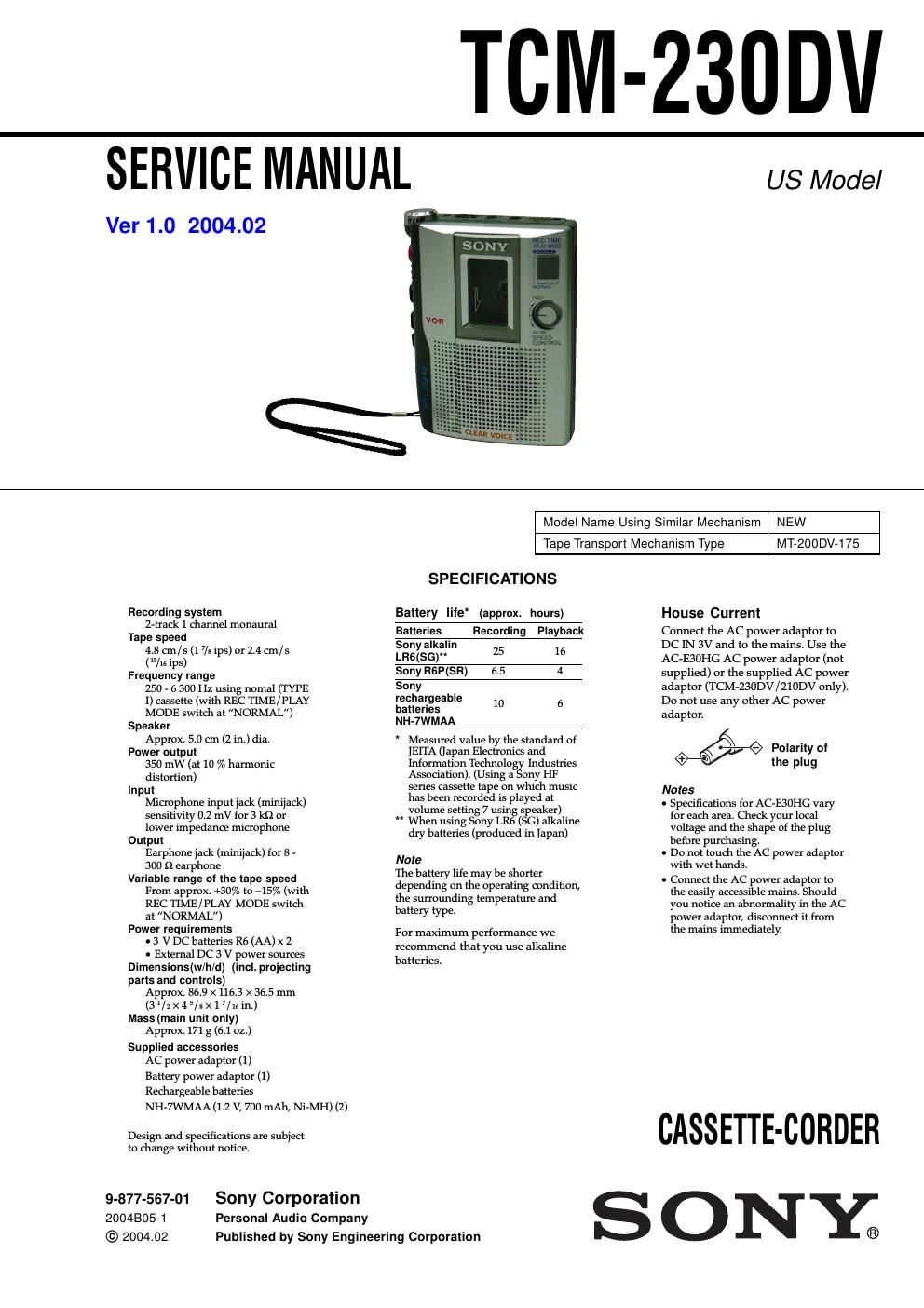 sony tcm 230 dv service manual