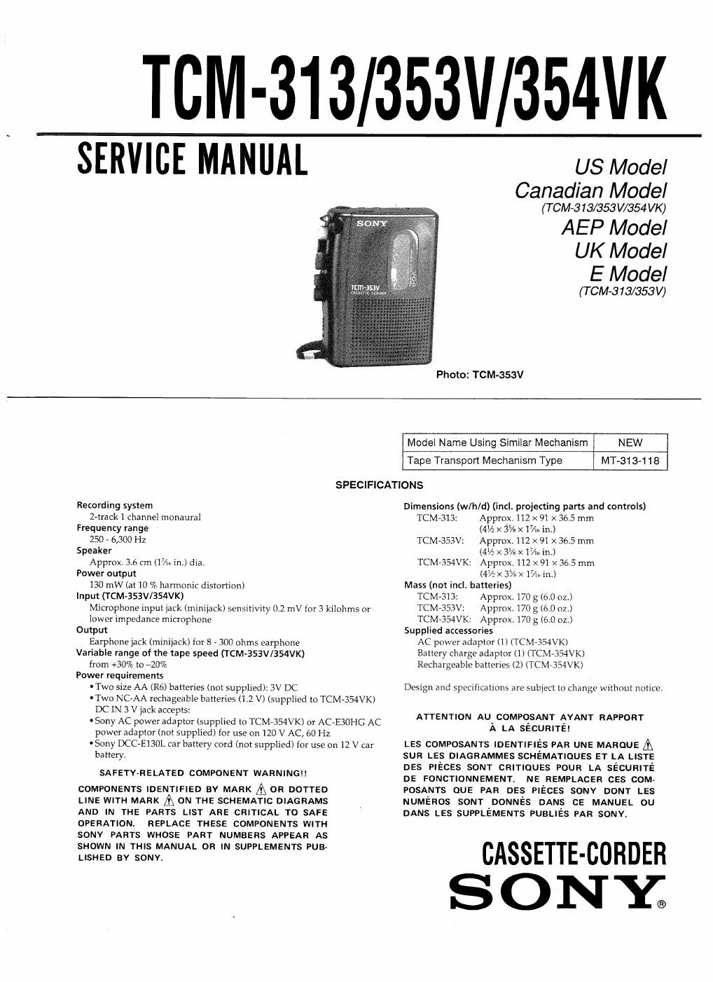 sony tcm 354 vk service manual