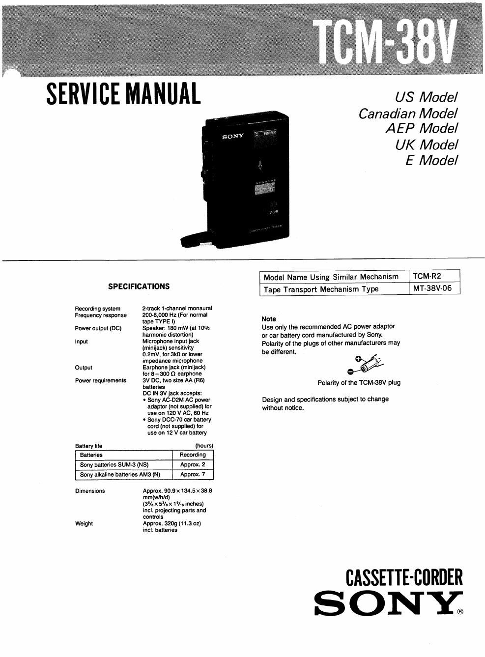 sony tcm 38 v service manual