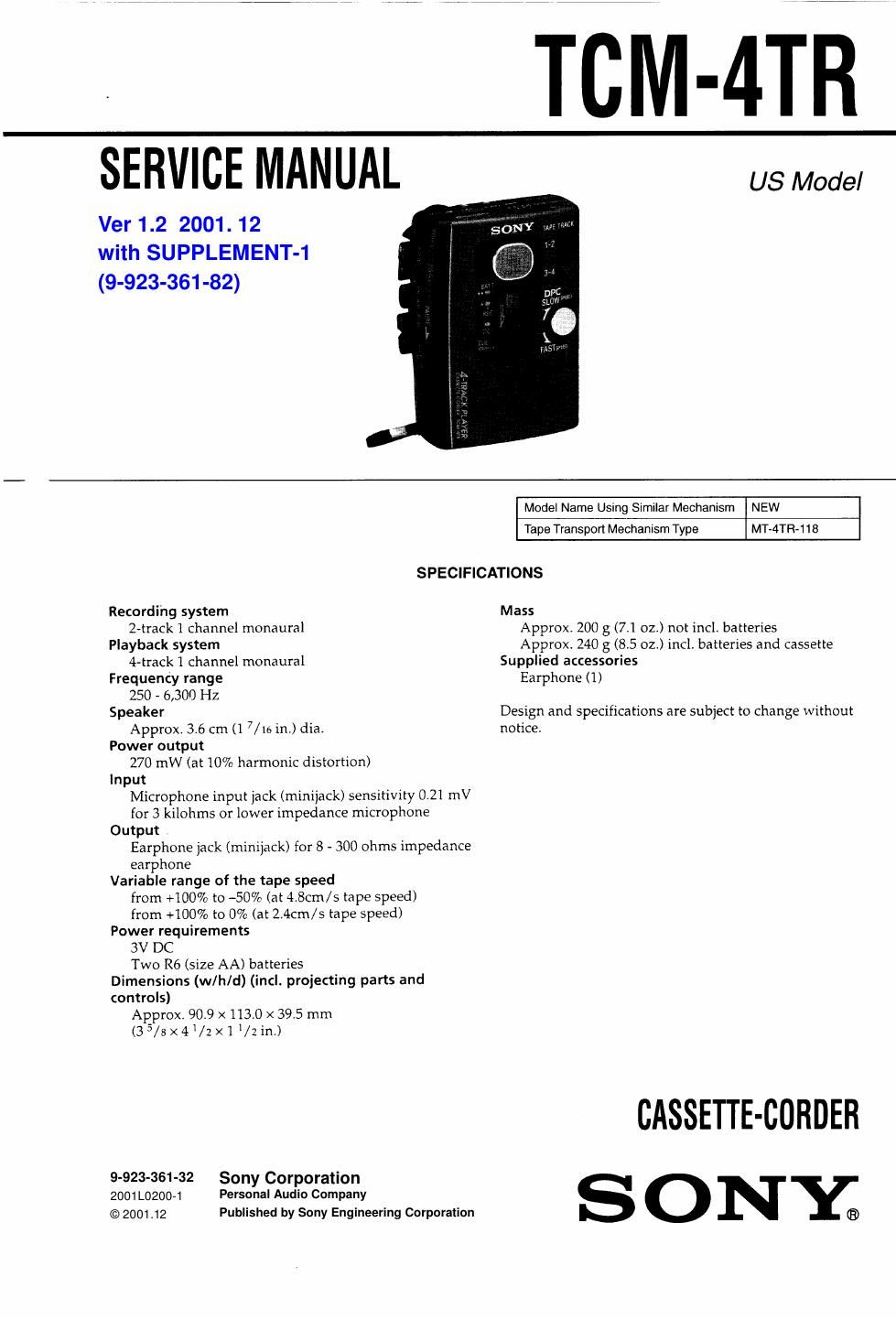 sony tcm 4 tr service manual