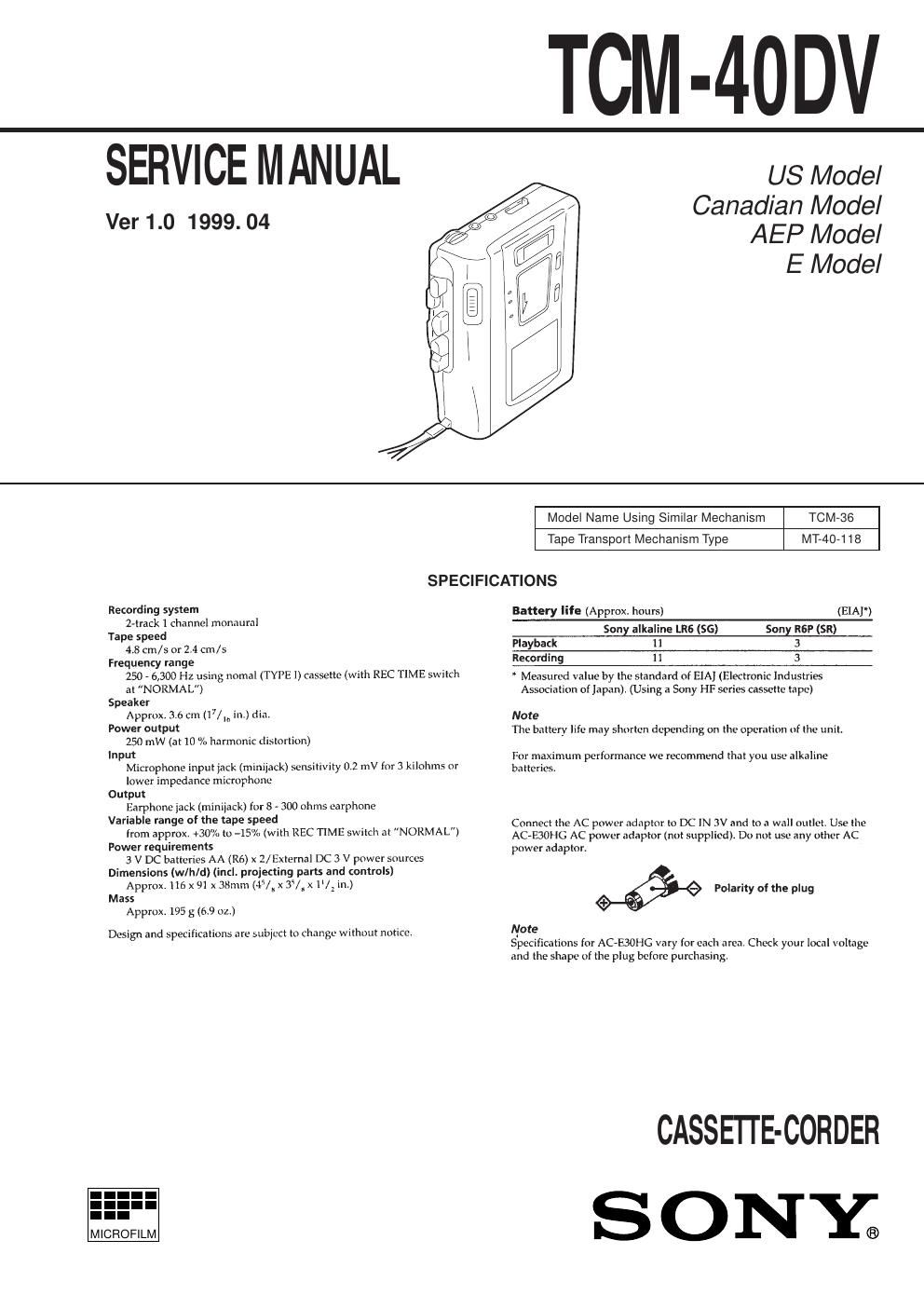 sony tcm 40 dv service manual