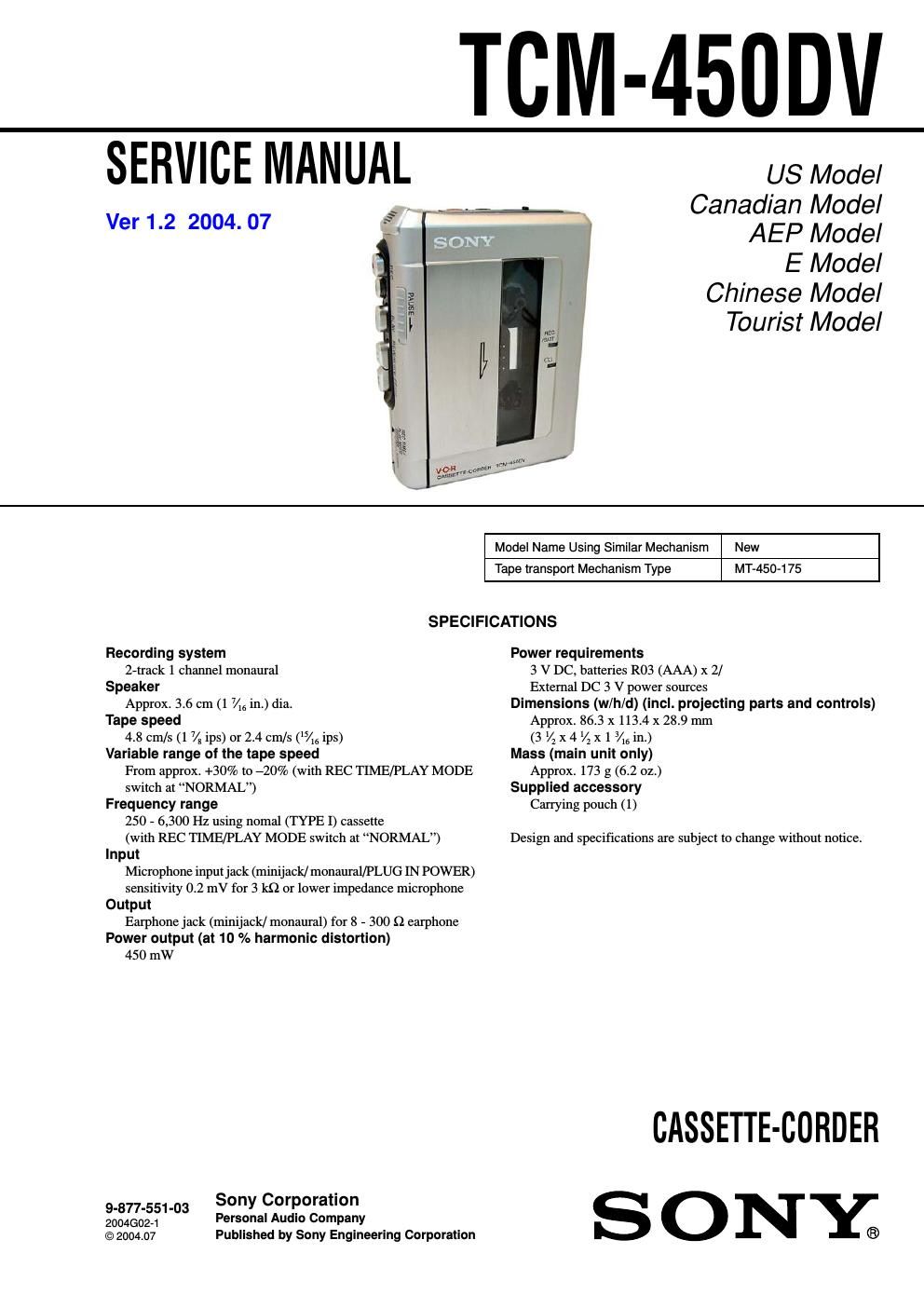 sony tcm 450 dv service manual