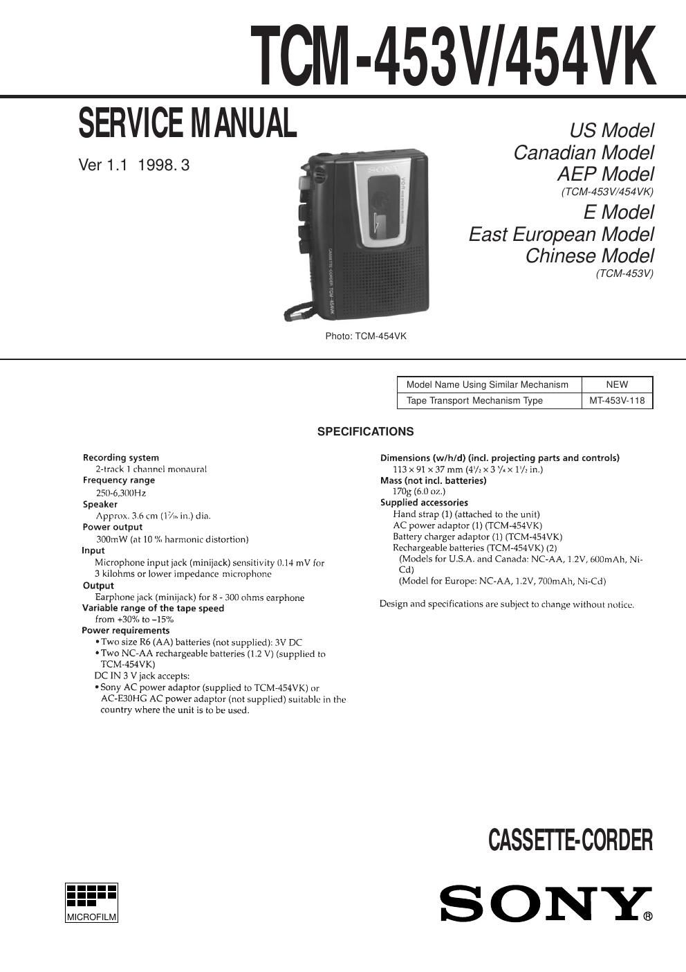 sony tcm 453 v service manual