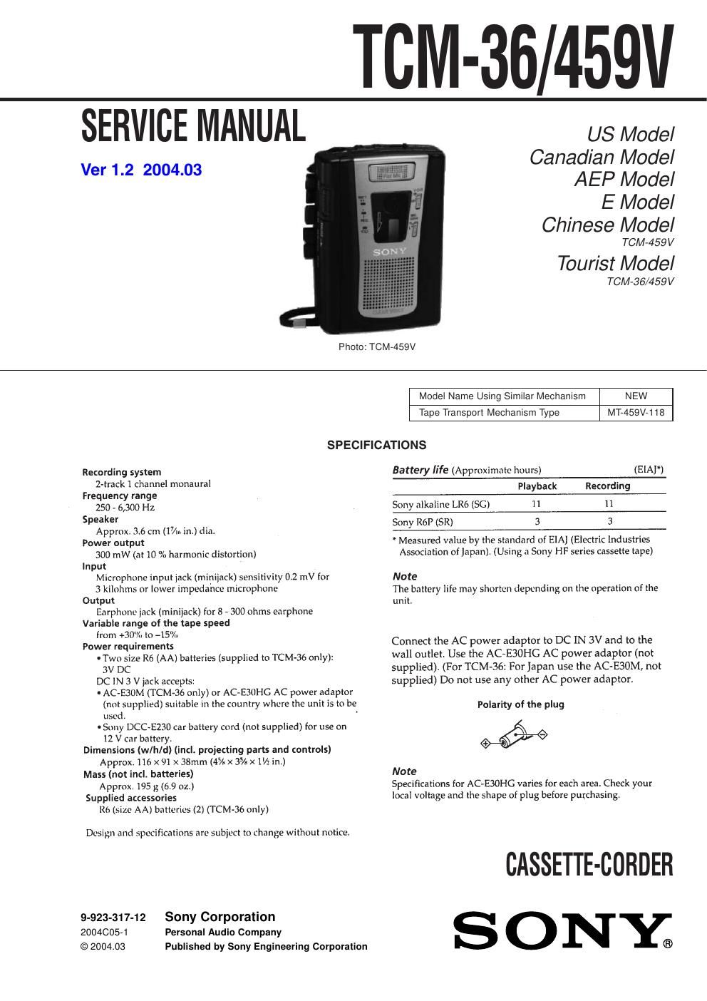 sony tcm 459 v service manual
