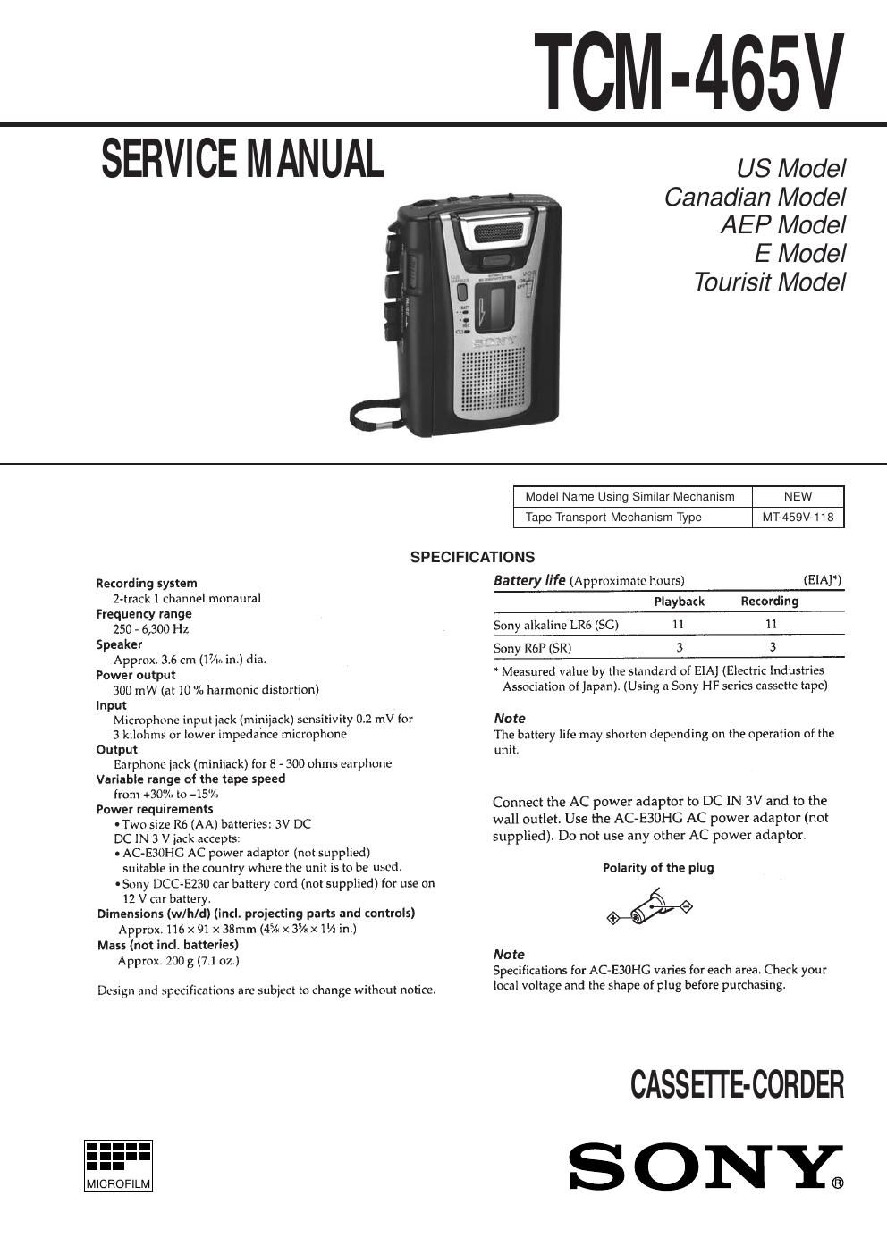 sony tcm 465 v service manual
