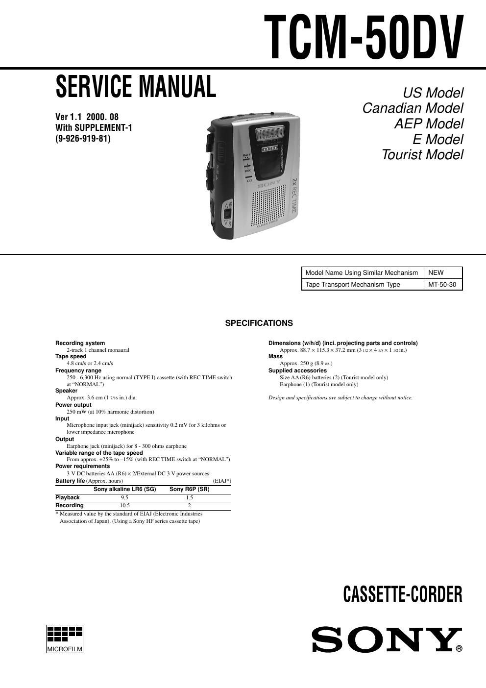 sony tcm 50 dv service manual