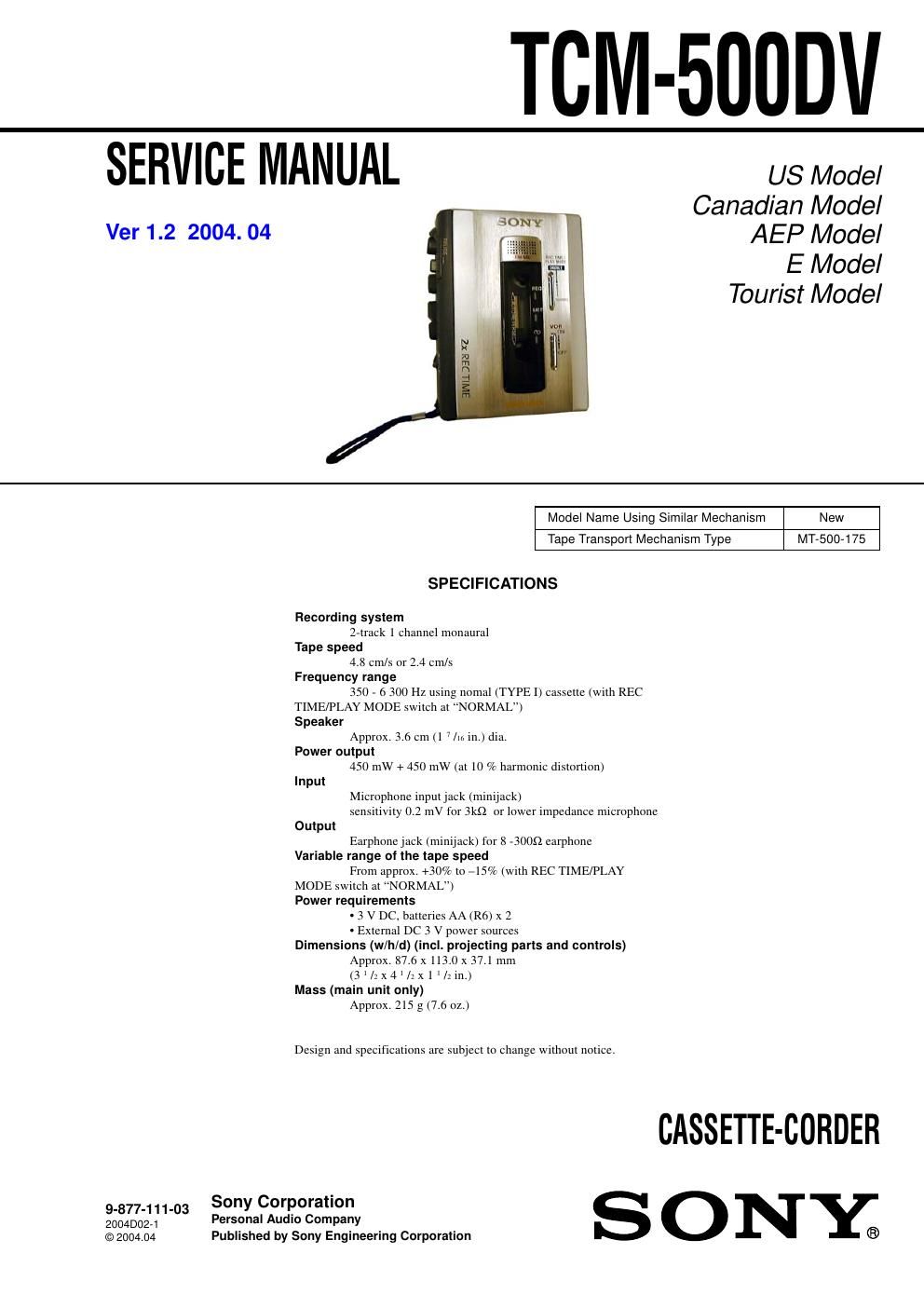 sony tcm 500 dv service manual