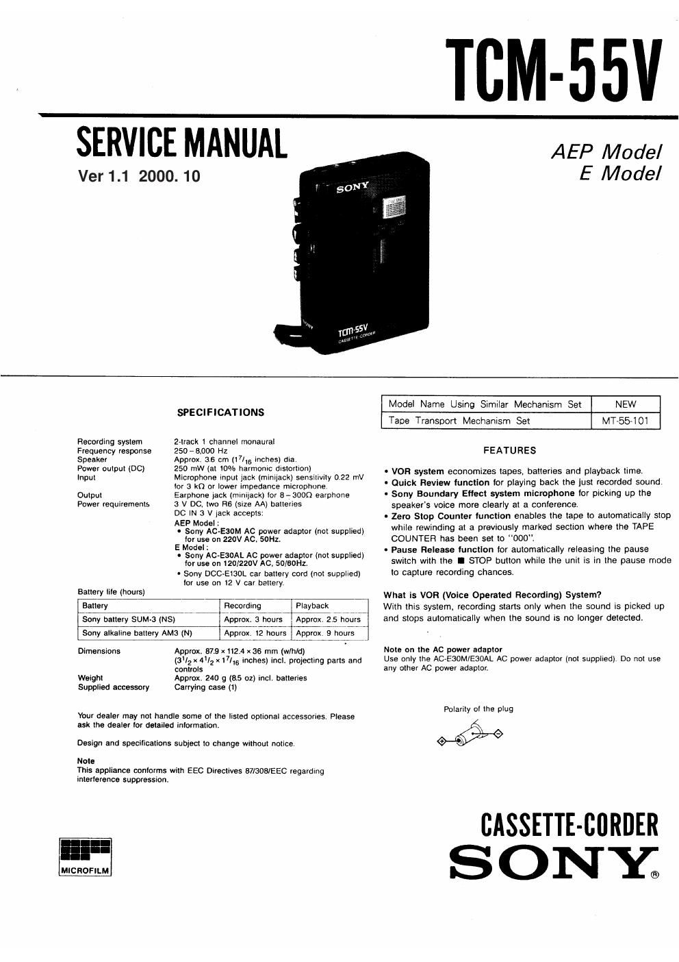 sony tcm 55 v service manual