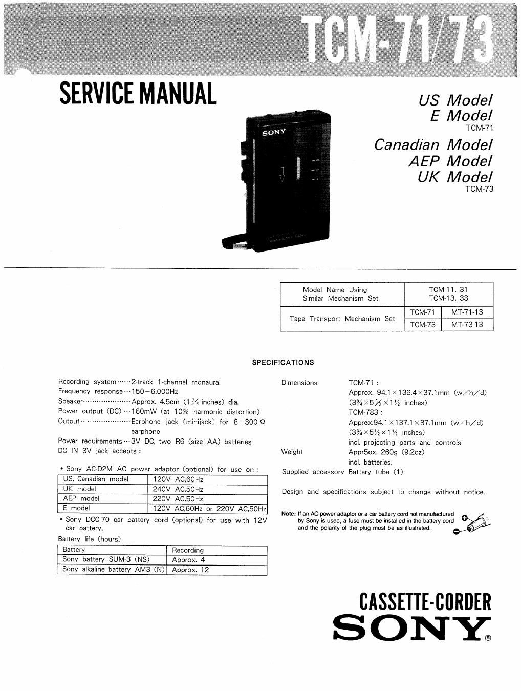 sony tcm 73 service manual