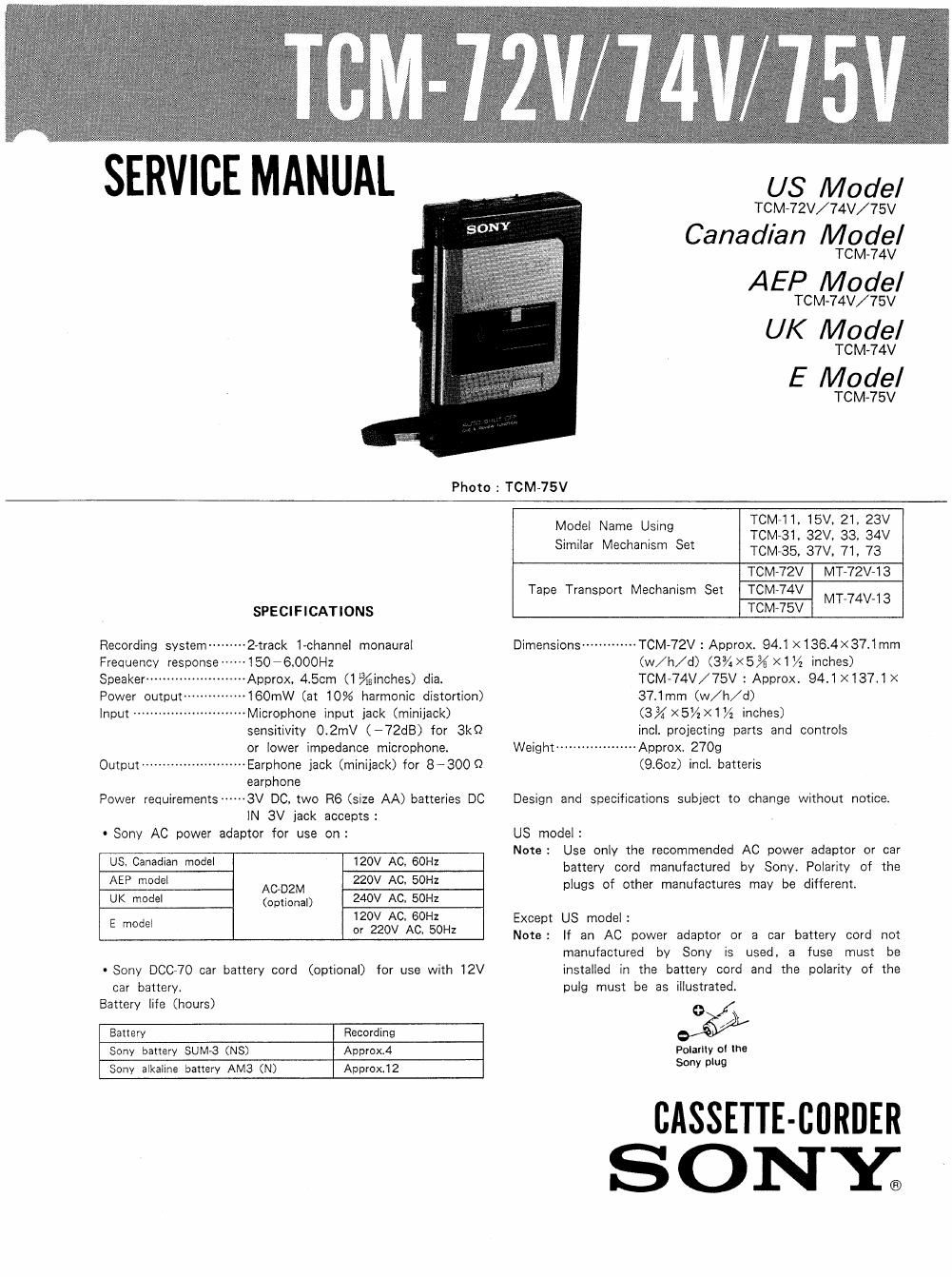 sony tcm 74 v service manual