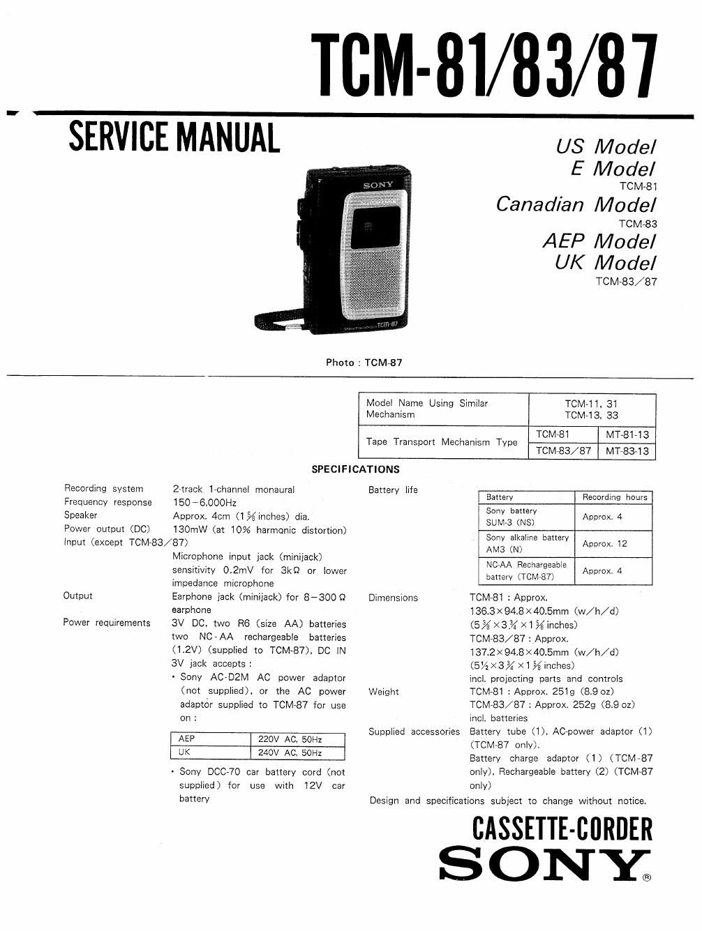 sony tcm 83 service manual