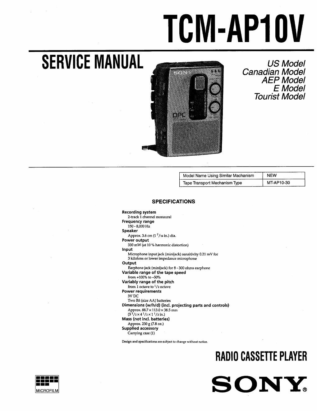 sony tcm ap 10 v service manual