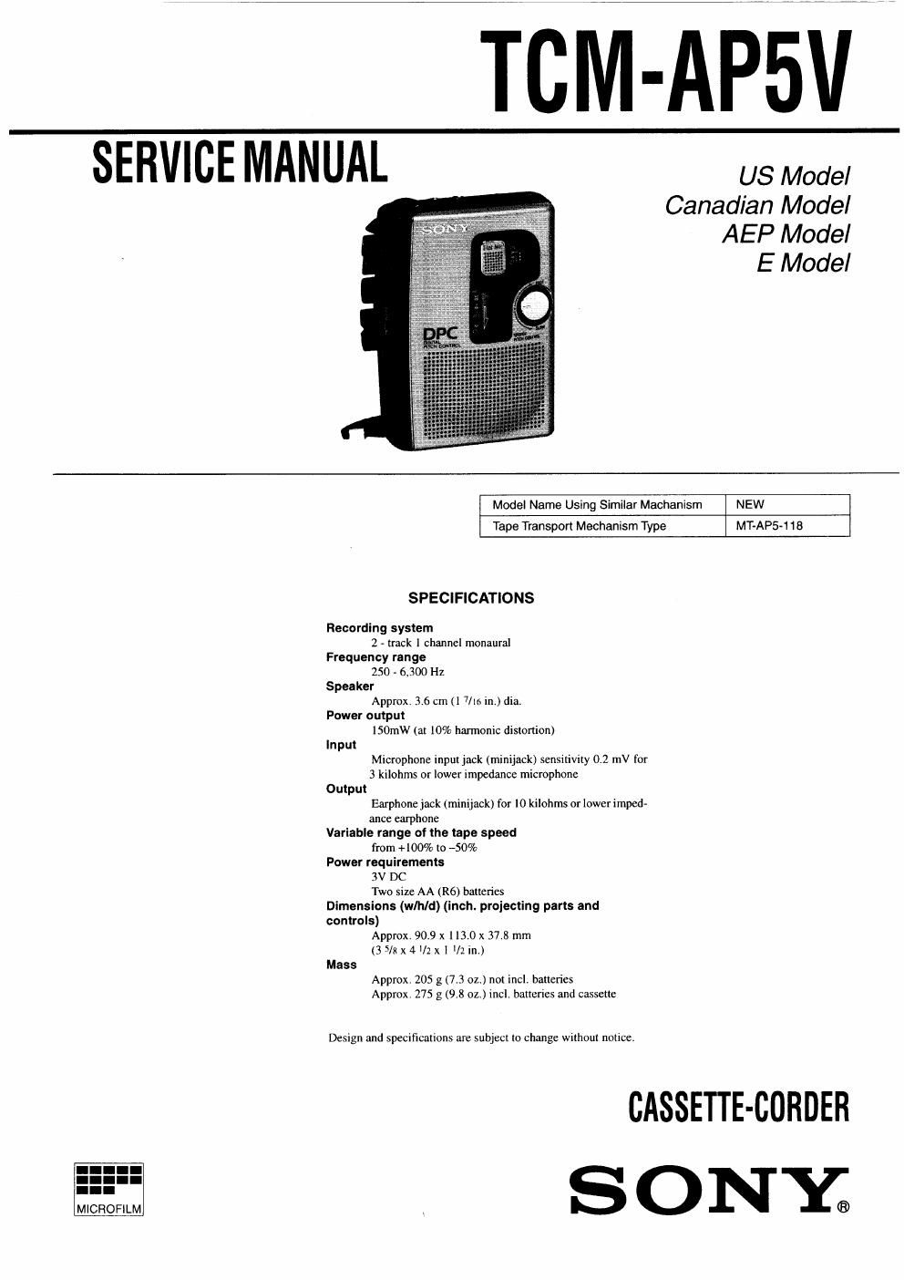 sony tcm ap 5 v service manual