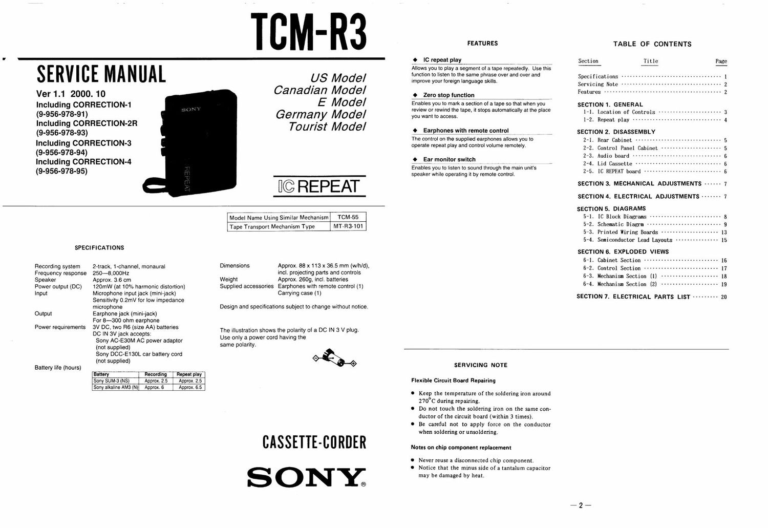 sony tcm r 3 service manual