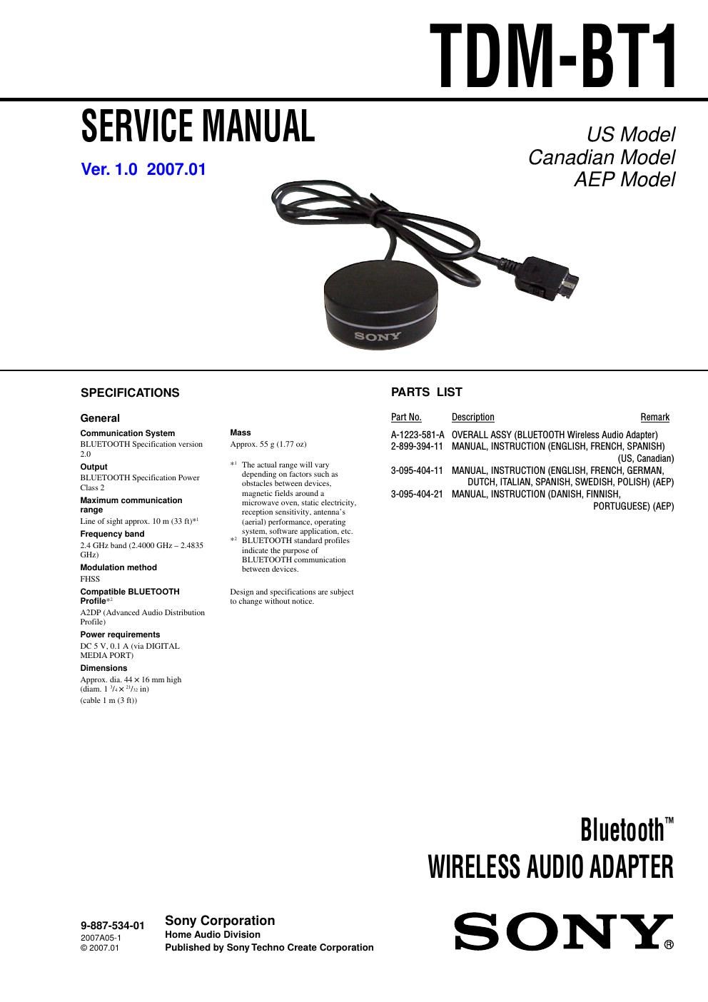 sony tdmbt 1 service manual