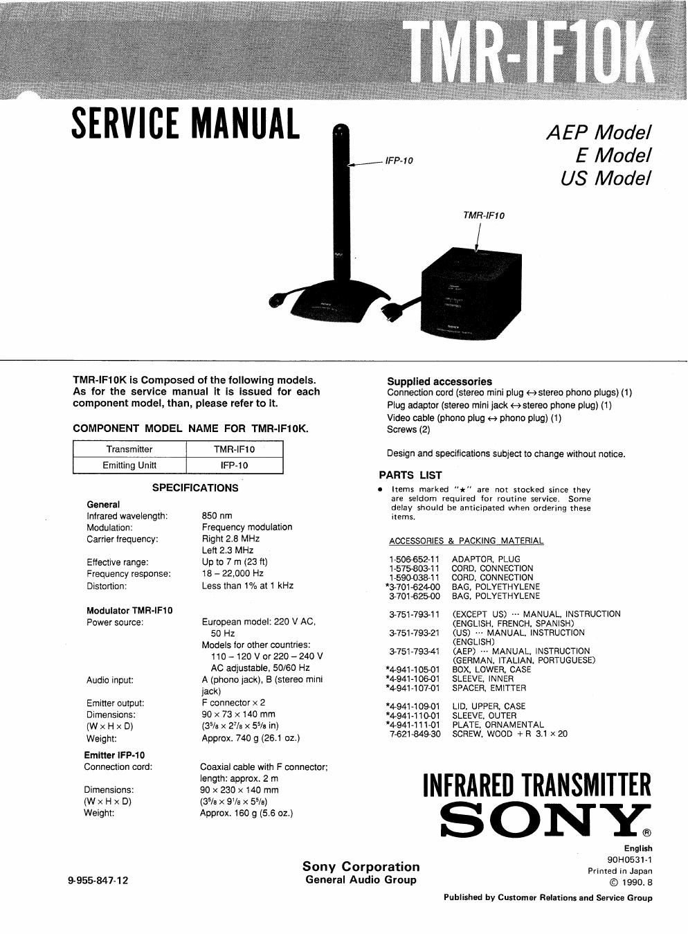 sony tmr if 10 k service manual