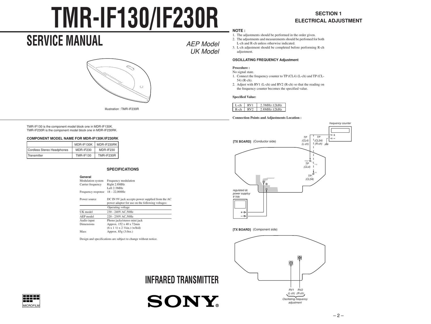 sony tmr if 130 service manual