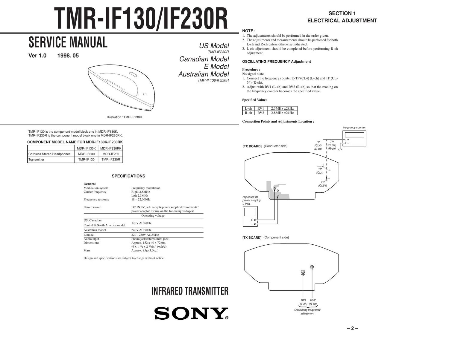 sony tmr if 230 service manual