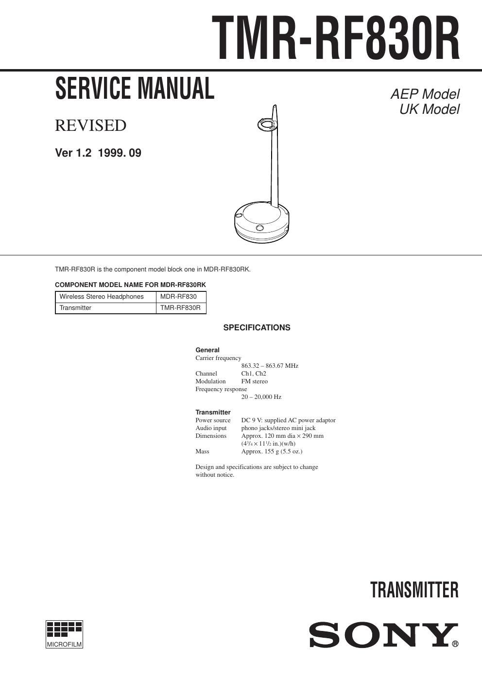 sony tmr rf 830 r service manual