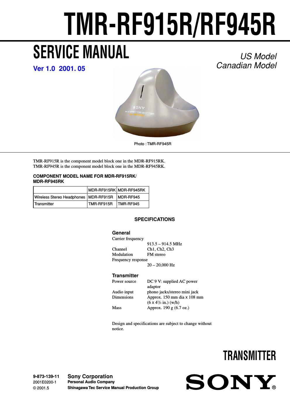 sony tmr rf 915 r service manual